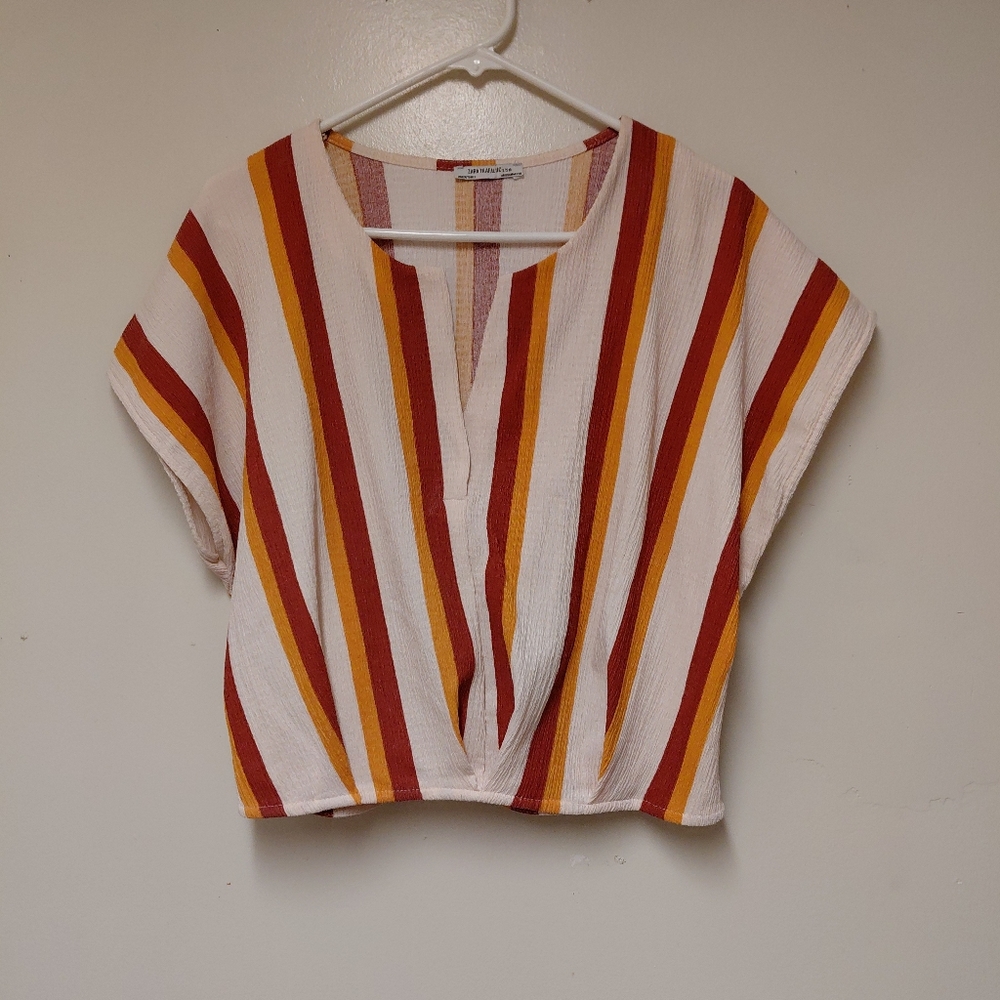 Zara Trafaluc Cream/Red/Gold Striped Boho Johnny Collar Crop Top Size S